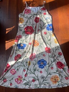 Floral Print Slip Dress in Cream with Multicolor Blooms